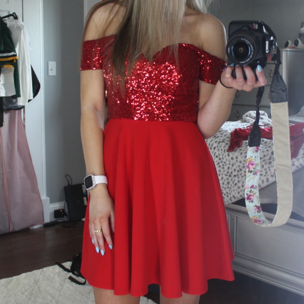 Red off the shoulder sequence dress